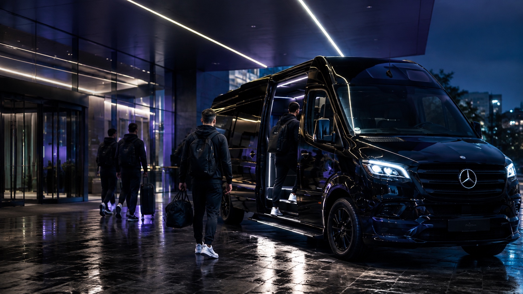 Llegada nocturna en una van Mercedes-Benz
