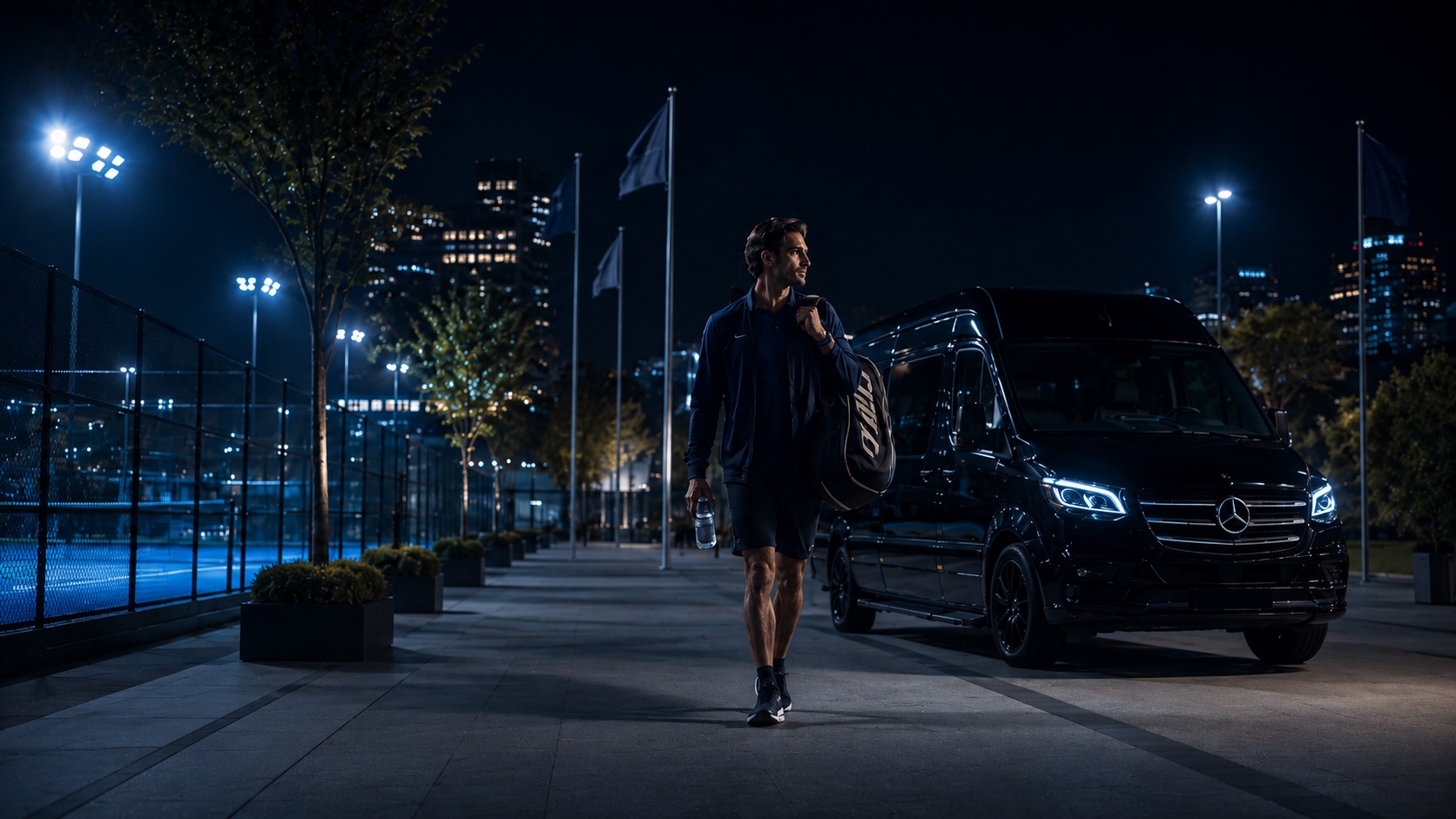 Llegada nocturna a un complejo deportivo en una Sprinter Mercedes-Benz